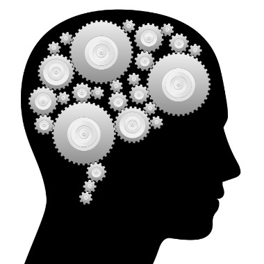 A cross-section through human head with brain symbolised by wheels and cogs